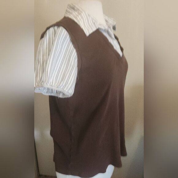 Croft & Barrow womans gray striped w balloon sleeve blouse & attached brown vest - Picture 5 of 9